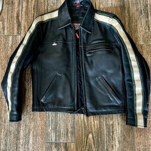 Vintage Black Leather Motorcycle Jacket with Cream & Green Stripes